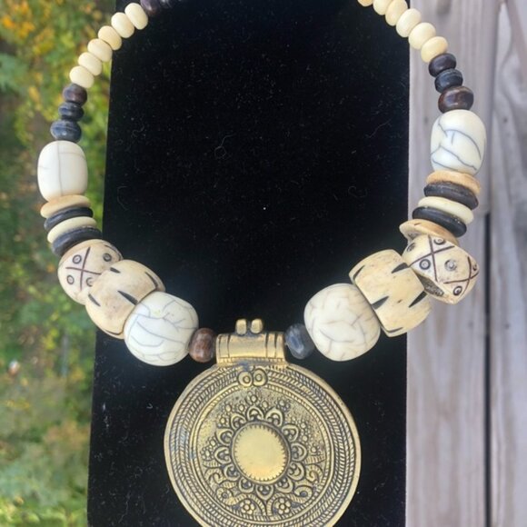 Handcrafted Tribal Necklace with Ornate Pendant and Carved Beads-Boho Statement - Picture 1 of 10